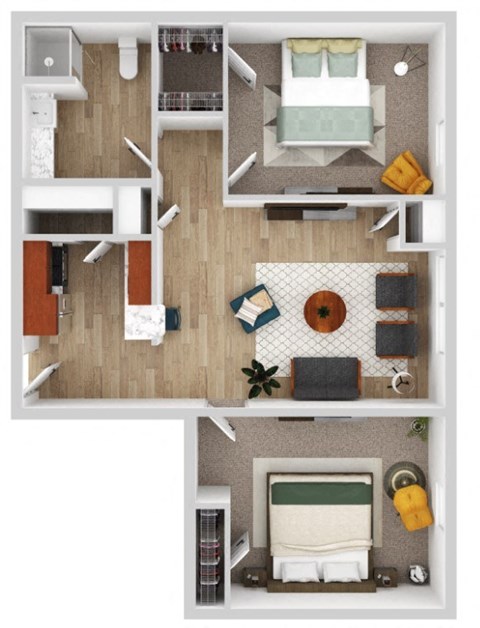 a stylized floor plan of a house with a bedroom and living room
